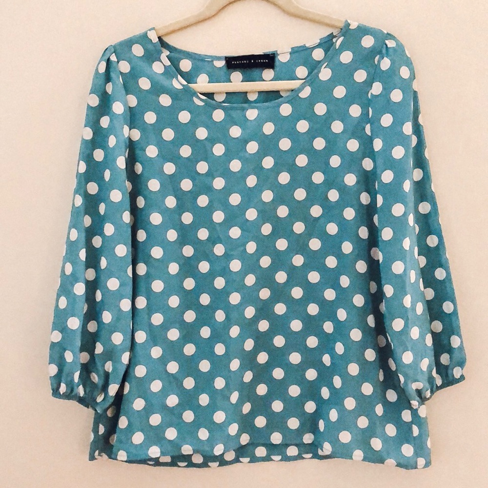 Polka dot blouse; blue & white